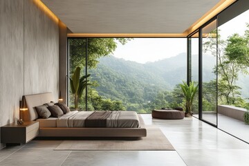 Sticker - Modern bedroom with large windows overlooking a lush landscape.