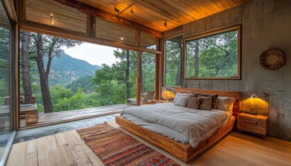 Sticker - Modern bedroom with large windows overlooking a natural landscape.