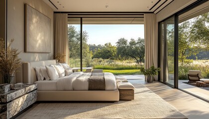 Sticker - Modern bedroom with large windows overlooking nature.