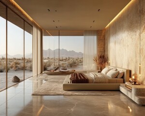 Sticker - Modern bedroom with large windows showcasing a desert landscape.