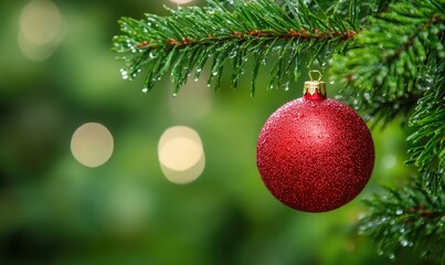 Wall Mural - A red Christmas ornament hanging from a tree