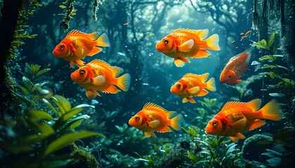 Wall Mural - Vibrant underwater forest filled with orange fish amidst lush greenery and shimmering floating particles