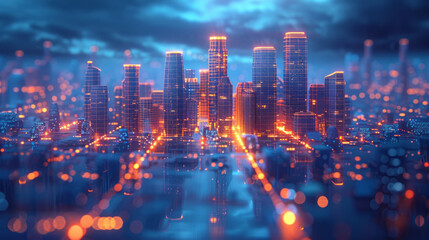 Poster - A wireframe design element of a futuristic city skyline,