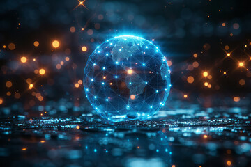 Poster - A wireframe 3D sphere with interconnected lines and nodes,