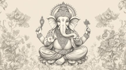 Elegant illustration of Lord Ganesha, symbol of wisdom and prosperity, surrounded by floral motifs in soft beige tones.