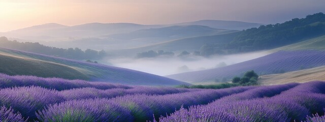 Wall Mural - Rolling hills covered in lavender fields with soft mist. Nature background