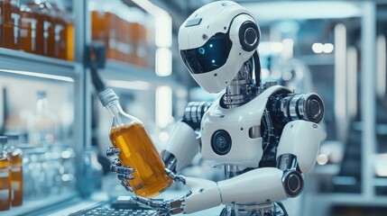 Poster - A robotic figure working in a scientific lab, with a bottle of liquid in its grasp, symbolizing technological progress in research.