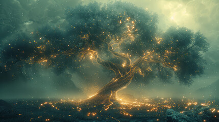 Poster - A wireframe tree with branches spreading out in complex patterns,