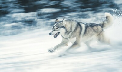 Wall Mural - A grey and white dog is running through the snow