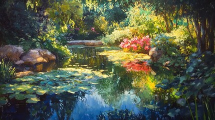 Poster - Impressionist Reverie: Tranquil Garden Sanctuary Aglow