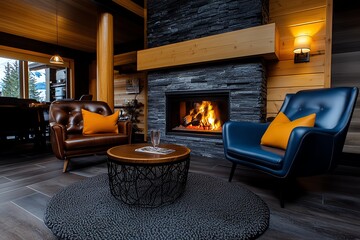 A cozy room with a roaring fireplace, warm light reflecting off polished wood and leather furniture