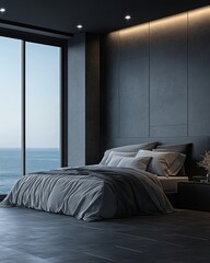 Sticker - Modern bedroom with ocean view, featuring minimalist design.