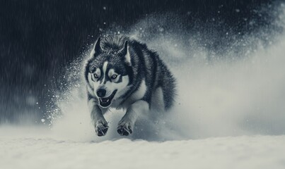 Sticker - A dog is running through the snow with its mouth open and teeth bared