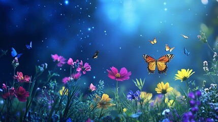 Poster - A vibrant field of colorful flowers with butterflies fluttering in the night sky.