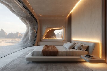 Sticker - Modern bedroom with panoramic views and ambient lighting.