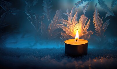 Canvas Print - A candle is lit in front of a frosted window