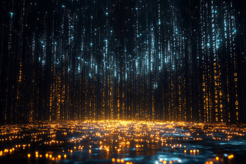 Poster - A digital landscape made of rows of numerical data floating in mid-air,