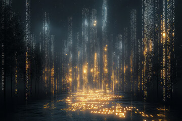 Poster - A digital landscape made of rows of numerical data floating in mid-air,