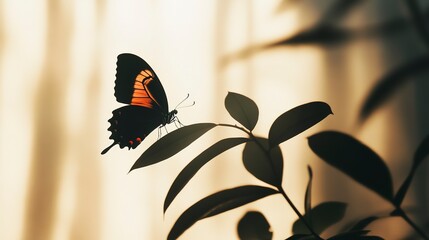 Poster - A butterfly perched atop a green leaf against a light backdrop, casting a leaf shadow beneath it