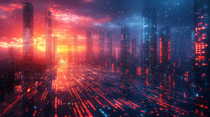 Poster - A futuristic cityscape with buildings composed of rows of scrolling data,