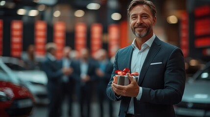 Poster - A man in a suit holding a gift box in front of a car