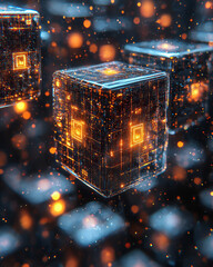 Poster - Rows of tiny glowing cubes representing data, stacked in a grid-like pattern,