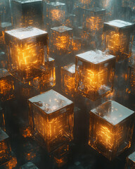 Poster - Rows of tiny glowing cubes representing data, stacked in a grid-like pattern,
