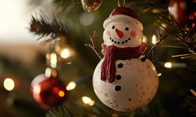 Wall Mural - A snowman ornament hangs on a Christmas tree