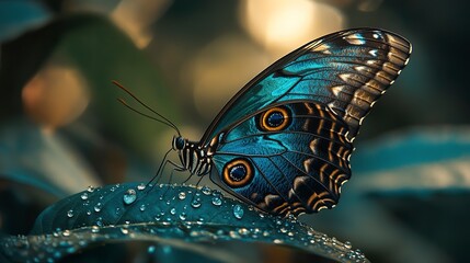 Poster - A Blue Morpho Butterfly with Dew Drops 