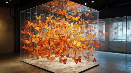 Wall Mural - orange butterfly installation in glass cube