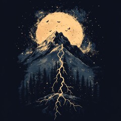 Sticker - Mountain landscape with a full moon and lightning striking.