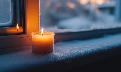 Wall Mural - A candle is lit in a window on a snowy day