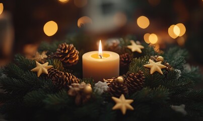 Wall Mural - A candle is lit in a wreath of pinecones and stars