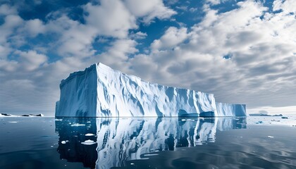 Wall Mural - Majestic iceberg drifting in tranquil Arctic waters, mirrored by the serene ocean beneath a blanket of clouds