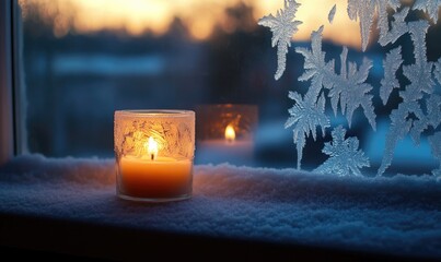 Wall Mural - A candle is lit in a glass jar on a windowsill