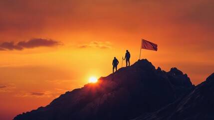 Two men standing on a mountain with a flag in the background