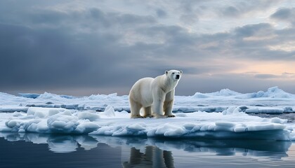 Wall Mural - Solitary polar bear atop a melting ice floe in the Arctic ocean beneath a dramatic cloudy sky