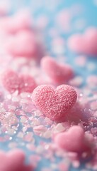 Wall Mural - Pink heart-shaped candies scattered on a blue background.