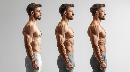 Three men with different body types are shown in a row