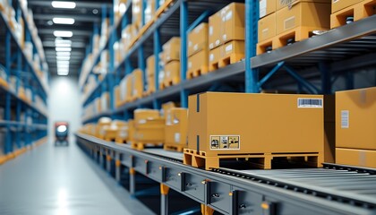 Futuristic conveyor system efficiently moving packages in a high-tech warehouse with advanced digital data visualization