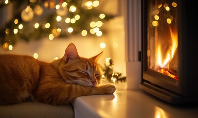 Poster - A cat is sleeping on a couch next to a fireplace