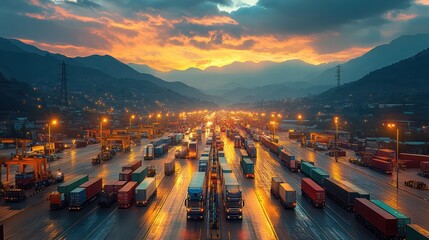 A busy highway with many trucks and cars on it