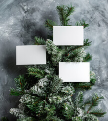 Canvas Print - Mockup Three white cards are hanging from a Christmas tree. The cards are empty and have no writing on them. The tree is decorated with snow and pine needles