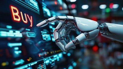 Poster - A sleek robot hand is pointing towards the word 
