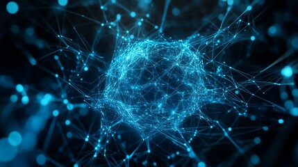 Fototapete - A vibrant digital network connects numerous data points in a striking blue hue. This image showcases the essence of technology and connectivity. Perfect for tech presentations and articles. AI