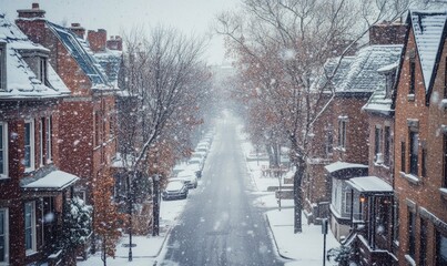 Poster - A snowy street with houses on either side