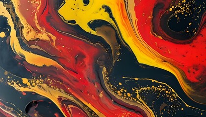 Vibrant abstract swirl of red, yellow, and black liquid adorned with shimmering gold flecks