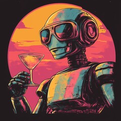 Wall Mural - Robot holding a cocktail glass against a vibrant sunset backdrop.