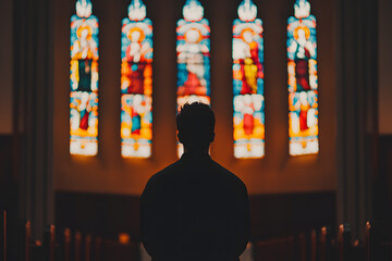 Silhouette of a Man Praying in a Church, Spiritual Reflection and Devotion