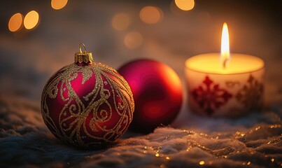 Wall Mural - A red and gold ornament sits on a table next to a lit candle